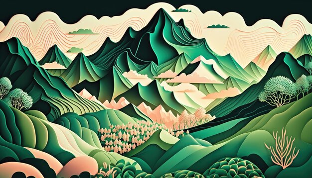 Montanha abstrata da paisagem no fundo verde No estilo japonês minimalista oriental tradicional AI