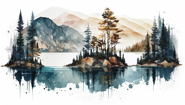montanha aquarela em uma textura de fundo branco de papel Uma linda pintura em aquarela com um lago pi