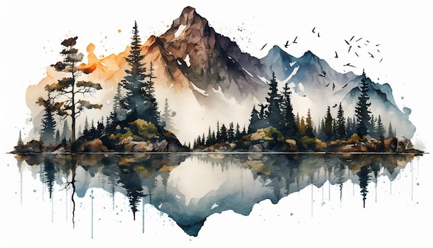 montanha aquarela em uma textura de fundo branco de papel Uma linda pintura em aquarela com um lago pi