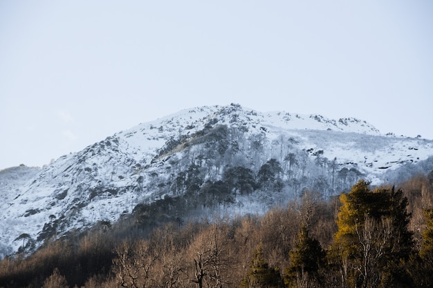 Montanha coberta de neve com céu branco de inverno