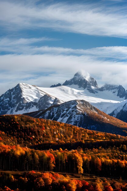 Foto montanha coberta de neve e belamente outono