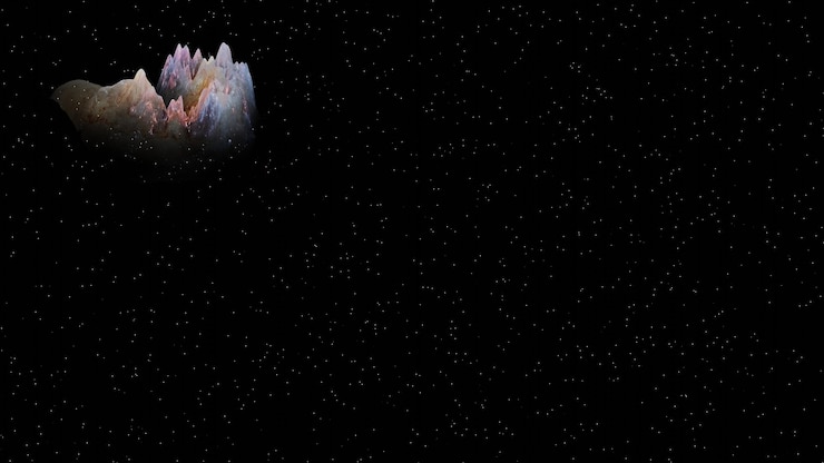 Foto montanha colorida como nebular com renderização 3d de fundo de campo de estrelas brilhantes