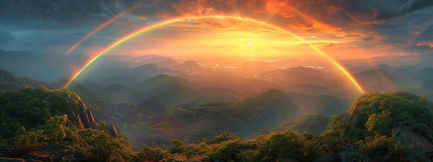 Montanha com arco-íris colorido em céu nublado sobre o campo Paisagem da natureza depois da tempestade