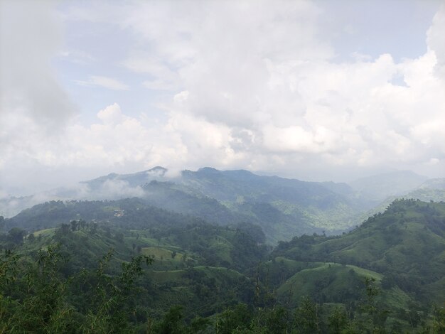 Montanha com árvores verdes e nuvens