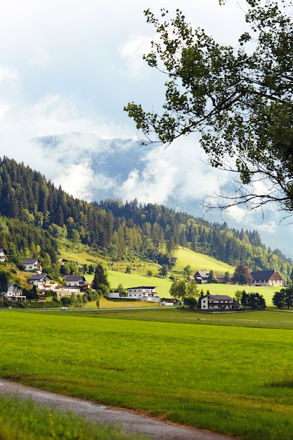 Montanha com floresta verde e campos de grama na Áustria