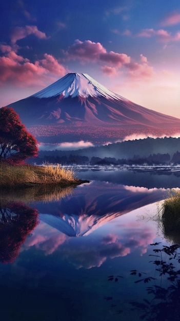 montanha com neblina reflete na água