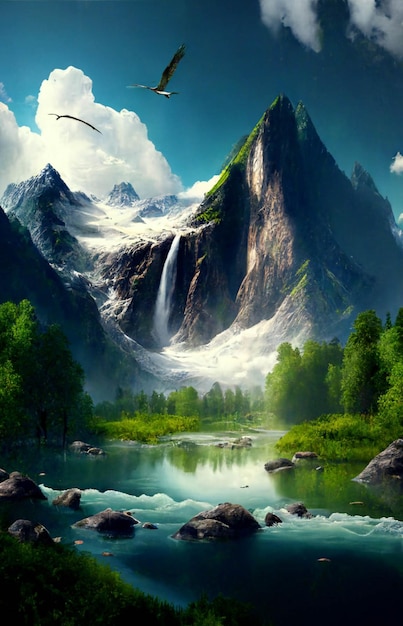 Montanha com uma cachoeira e um pássaro voando sobre ela generativa ai