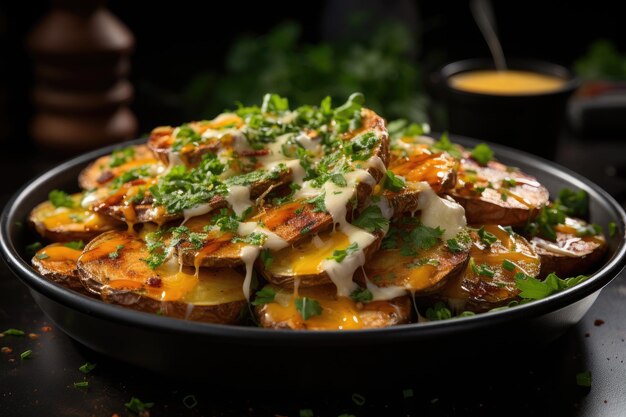 Montanha de batatas com queijo derretido e ervas geradoras IA