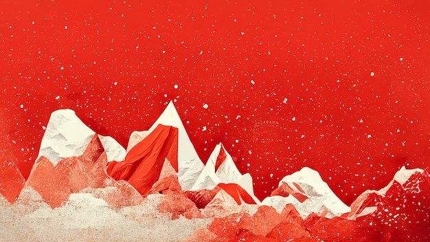 Montanha de design de arte digital de paisagem mínima e neve no conceito de férias de natal de fundo vermelho