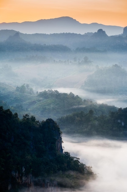 Montanha de névoa de ponto de vista colorida ao amanhecer