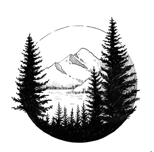 Montanha e floresta. Desenho de tinta preto e branco