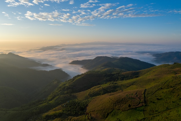 Montanha, e, mar, nevoeiro, manhã, tempo