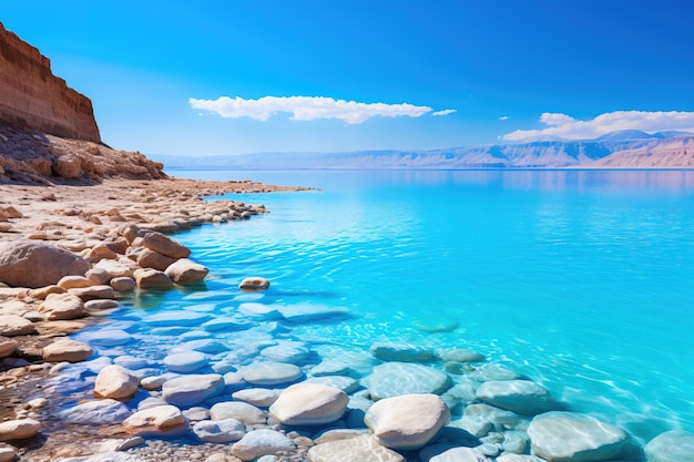 Montanha e o azul Mar Morto em Israel