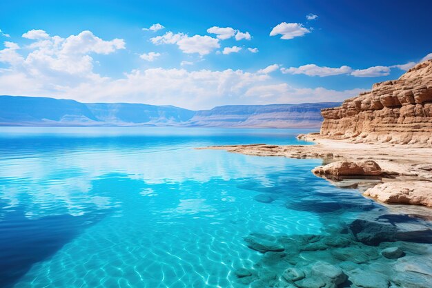 Montanha e o azul Mar Morto em Israel