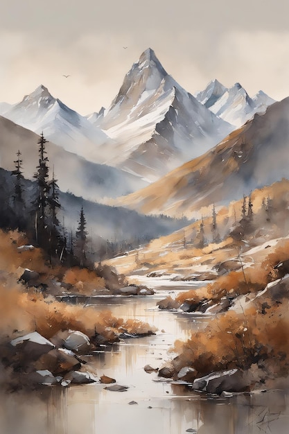Montanha e riacho paisagem outono inverno meses Pintura em aquarela Qualidade de pôster para impressão