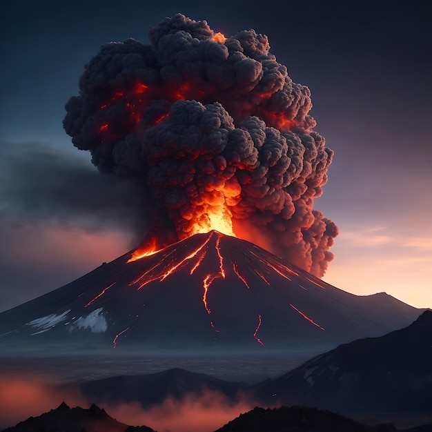 Montanha em erupção vomita cinzas ardentes no céu geradas por ia