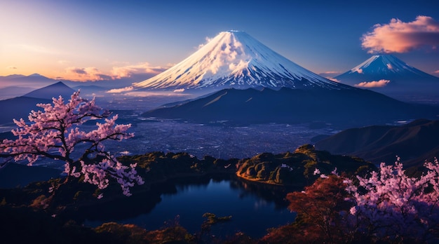 Montanha fuji e flores de cerejeira na primavera