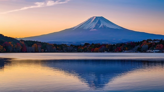 Montanha Fuji e lago Kawaguchiko ao pôr-do-sol estações de outono Montanha Fuji em Yamanachi, no Japão