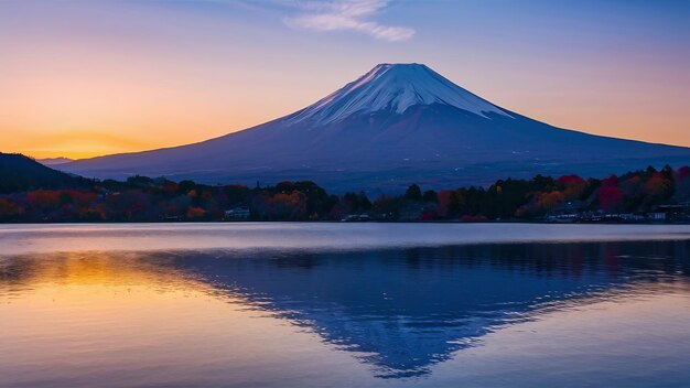Montanha Fuji e lago Kawaguchiko ao pôr-do-sol estações de outono Montanha Fuji em Yamanachi, no Japão
