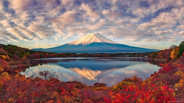 Montanha Fuji e lago Kawaguchiko ao pôr-do-sol estações de outono Montanha Fuji em Yamanachi, no Japão