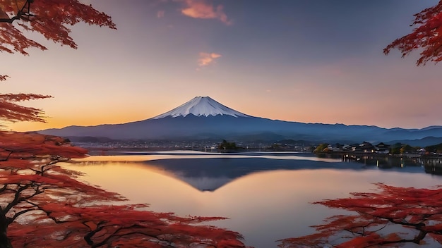 Montanha Fuji e lago Kawaguchiko ao pôr do sol estações de outono Montanha Fuji em Yamanachi, no Japão