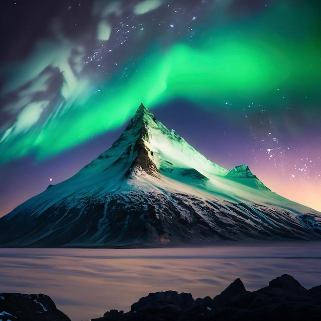montanha mais alta do mundo à noite com a aurora boreal