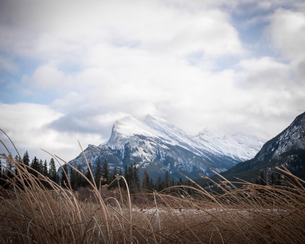 Foto montanha nevada mount rundle coberta de neve e envolta por nuvens parque nacional banff canadá