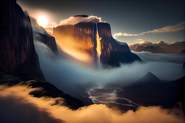 Foto montanha que tem algumas nuvens nela generativa ai