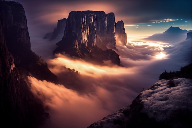 Montanha que tem algumas nuvens nela generativa ai