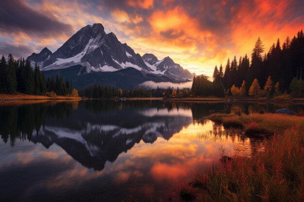 Montanha refletida no lago ao pôr-do-sol Majestic Scene Natural Vista do Lago Picture do Monte Shuksan enquanto o nascer do sol rompe uma tempestade chegando durante a temporada de outono AI Generated