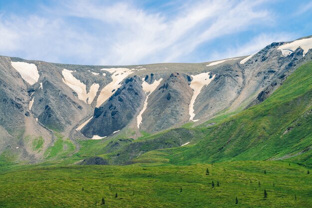 Montanha rochosa cinza gigante com neve suja acima do vale verde com árvores coníferas em um dia ensolarado, sob o céu azul. Paisagem incrível das terras altas de natureza majestosa.
