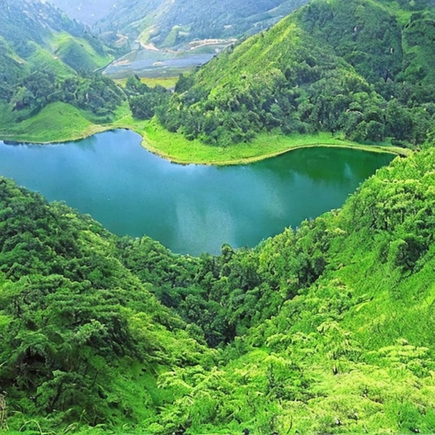 Montanha verde com paisagem natural do lago