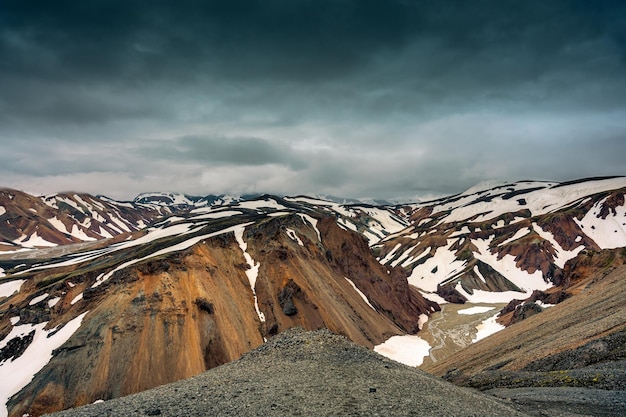 Montanha vulcânica com neve coberta na trilha de Blahnjukur nas terras altas da Islândia no verão em Landmannalaugar