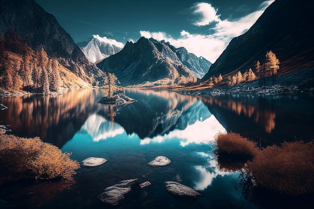 Montanha vulcânica na luz da noite refletida nas águas calmas do lago