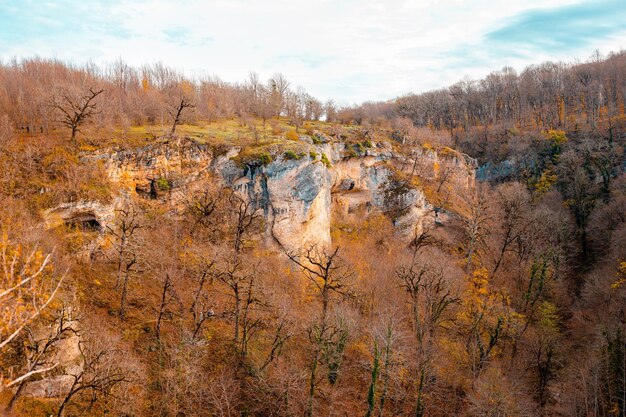 Foto montanhas arborizadas e um desfiladeiro abaixo do planalto do lago naki no outono belas paisagens naturais