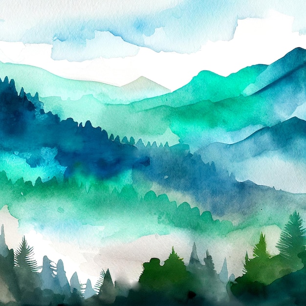 Montanhas azuis e floresta verde aquarela ilustração paisagem natural fundo céu e colinas