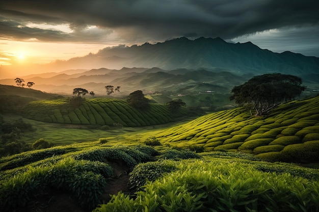 Montanhas Cameron Montanha de fazenda de chá verde ao nascer do sol Nuvem em mudança dramática em um cenário natural em uma manhã ensolarada