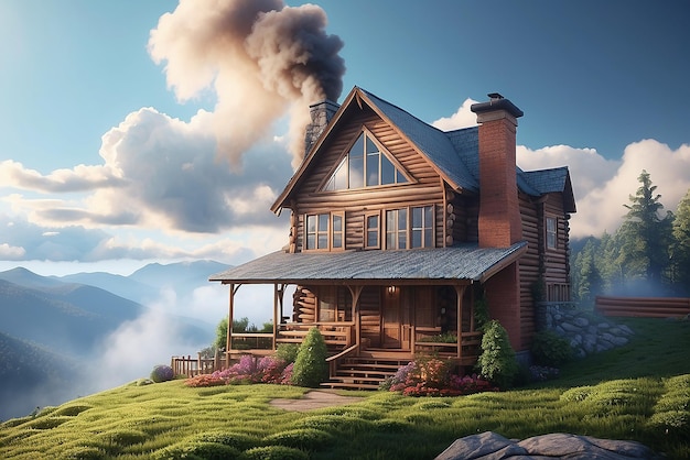 Montanhas casa de madeira com fumaça ondulando a partir da pilha de fumaça bela varanda da frente