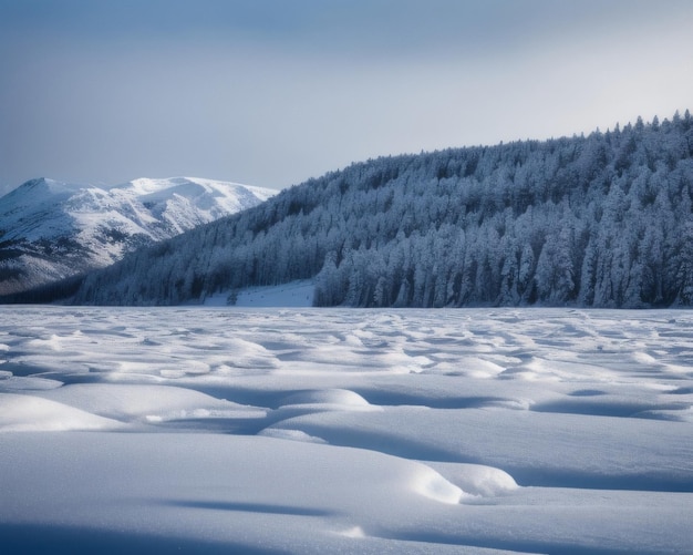 Montanhas cobertas de neve e um lago com uma montanha ao fundo