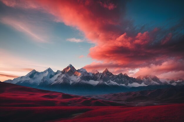 Montanhas com belo céu vermelho e azul natureza incrível bela pacífica