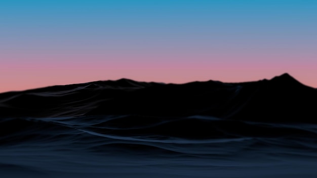 Montanhas com fundo desfocado ao entardecer contra o fundo de um céu de amanhecer ou pôr do sol Uma trilha no relevo noturno de montanhas de pedra com fundo desfocado 3D render