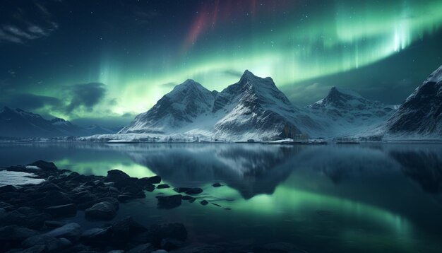 montanhas com uma luz verde aurora no céu generativo ai