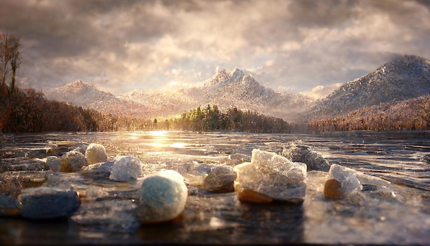 Montanhas congeladas do lago e neve ao pôr do sol