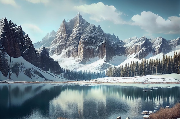 Montanhas de inverno e lago em um dia ensolarado ilustração 3d Generative AI