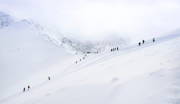 Montanhas de neve com nuvens baixas e brancas. Zakopane, Polônia. Foto de alta qualidade