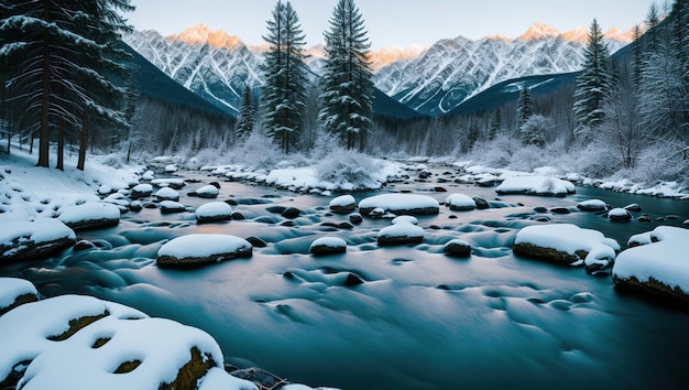 Montanhas de paisagem de inverno IA generativa