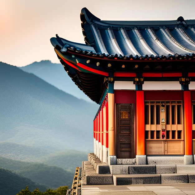 Foto montanhas de templos nascer do sol pagoda névoa pinheiros arquitetura tradicional ásia tranquilidade