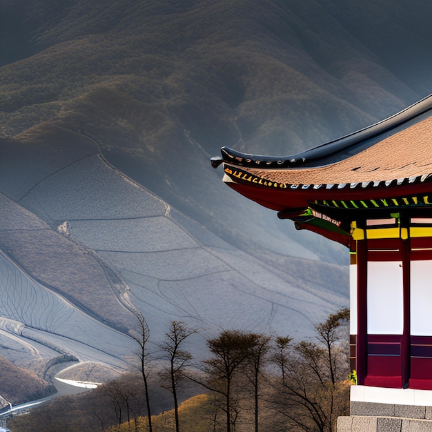 Foto montanhas de templos nascer do sol pagoda névoa pinheiros arquitetura tradicional ásia tranquilidade