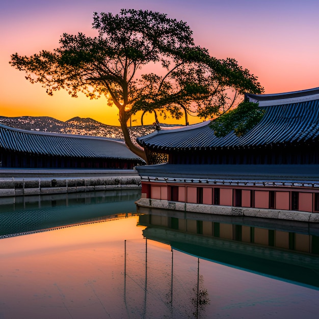 montanhas de templos nascer do sol pagoda névoa pinheiros arquitetura tradicional Ásia tranquilidade