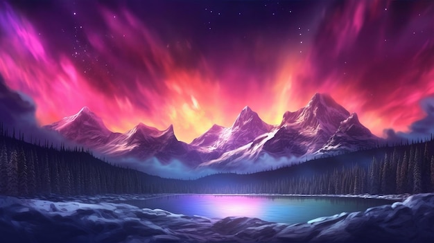 Montanhas deslumbrantes com Aurora Borealis Fuchsia Sky Estabelecimento com copyspace AI gerado